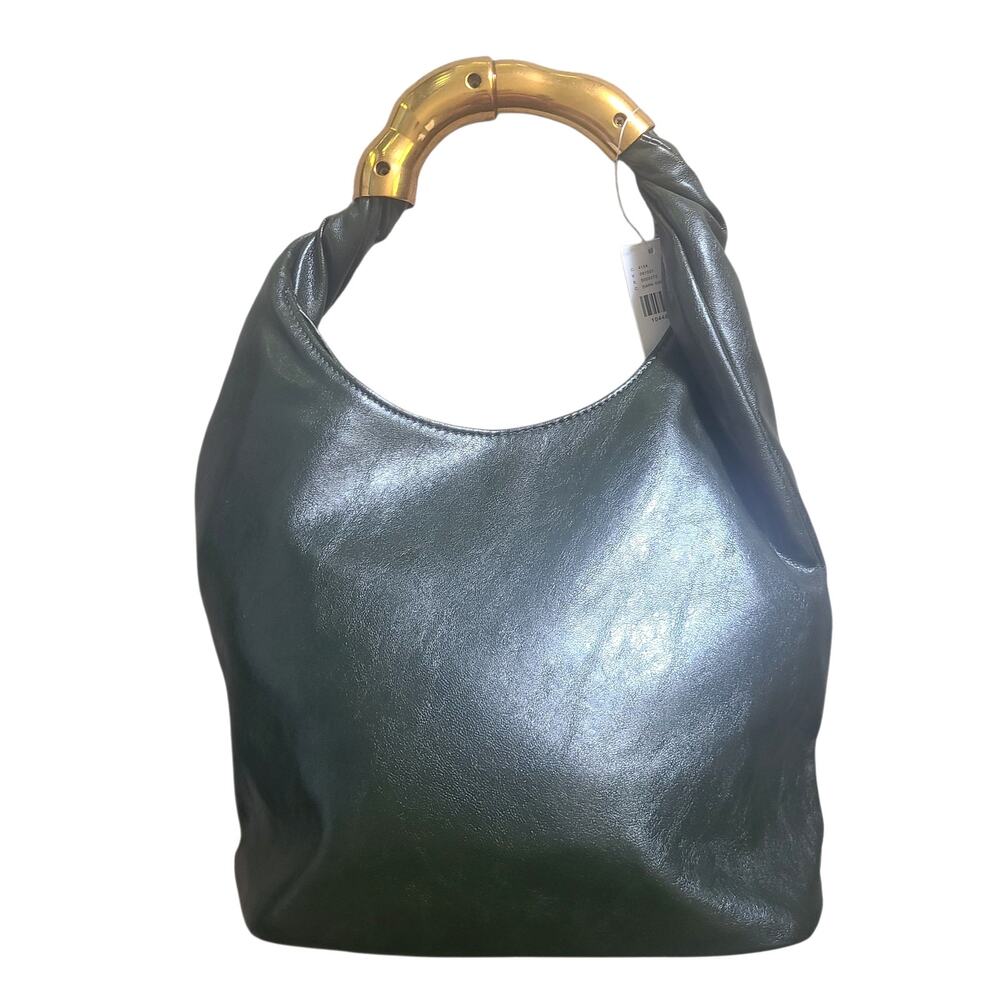 Anthropologie Gilded Gold Handle Green Vegan Leather Hobo Bag Minimalist Luxury